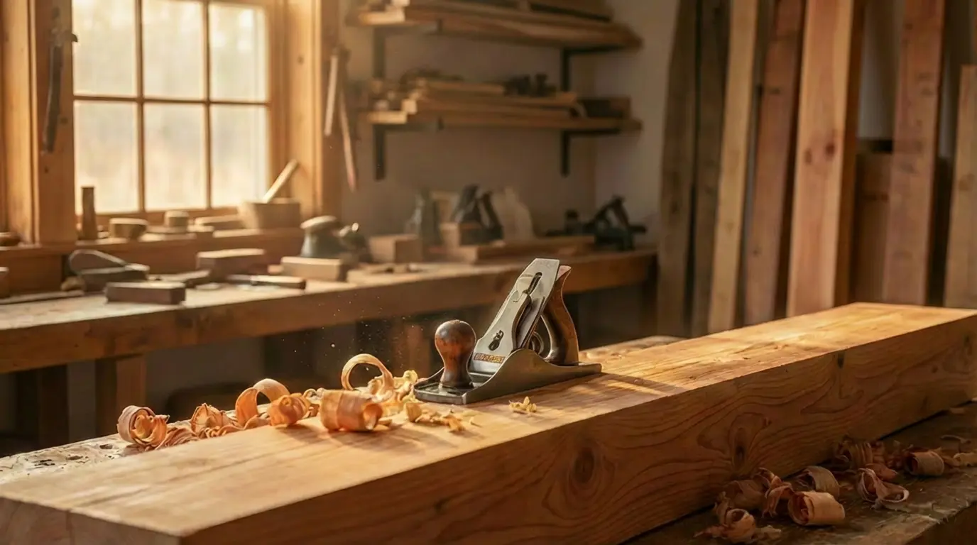 Professional carpentry services in Lakeville, MA, featuring a woodworker hand-planing a timber.